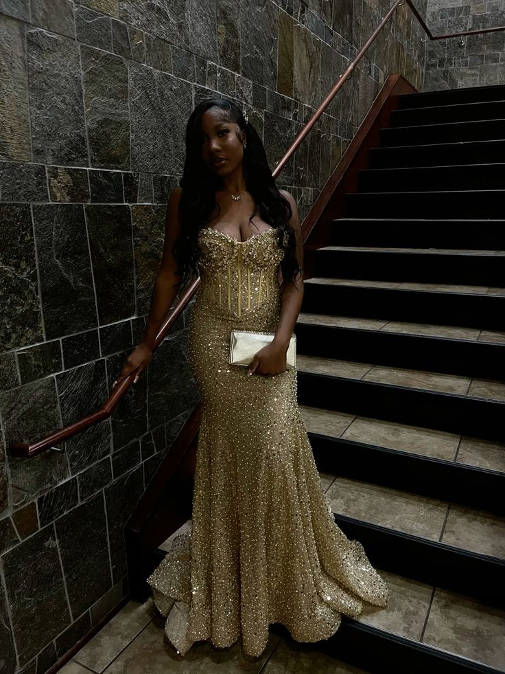 Gold Sequin Mermaid Long Prom Gown Evening Dress fg7393
