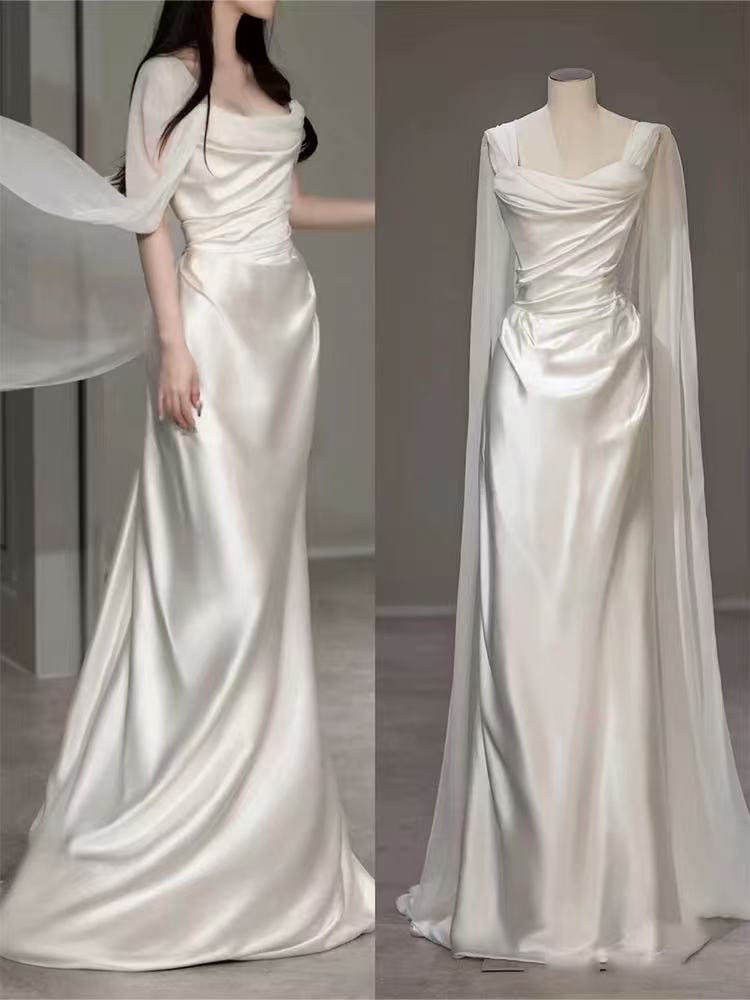 White Satin Pleats Straps Wedding Dress fg5604