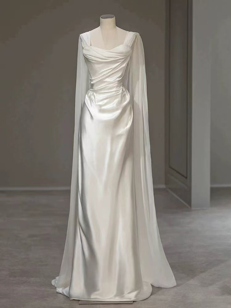 White Satin Pleats Straps Wedding Dress fg5604