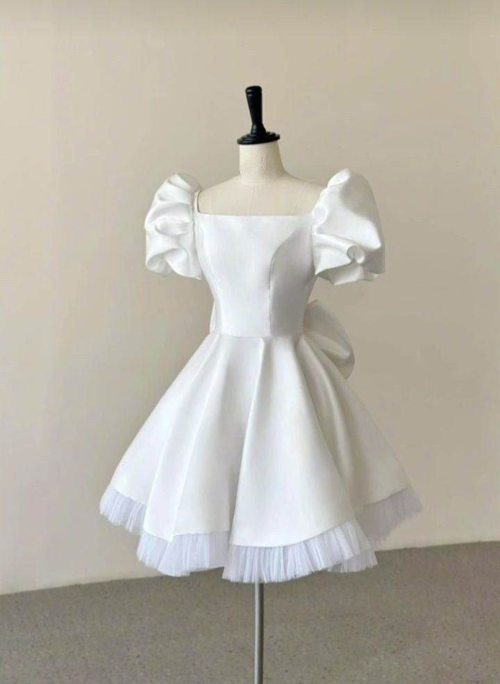 White Satin Homecoming Dress 2024 Puffy Short Sleeves fg6471