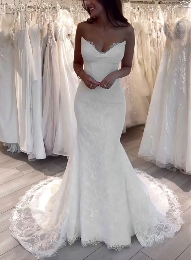Mermaid V Neck Lace Long Wedding Dresses, Elegant Wedding Dress fg7180