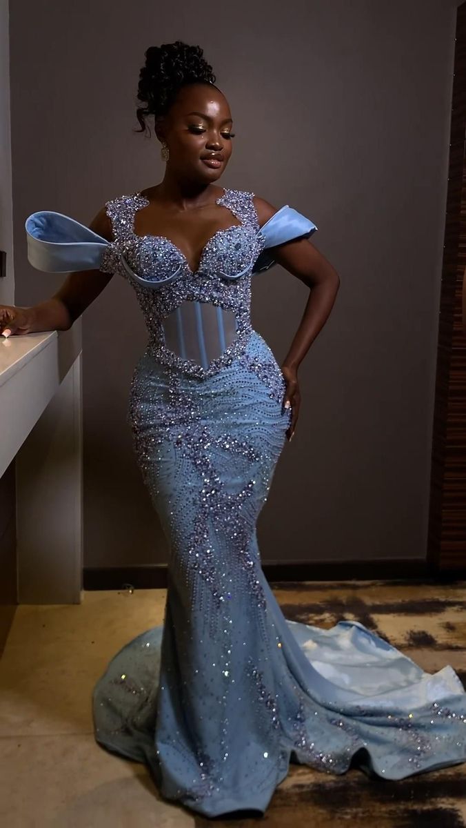 Sparkly Rhinestones Blue Mermaid Long Prom Dress Evening Dress fg7114