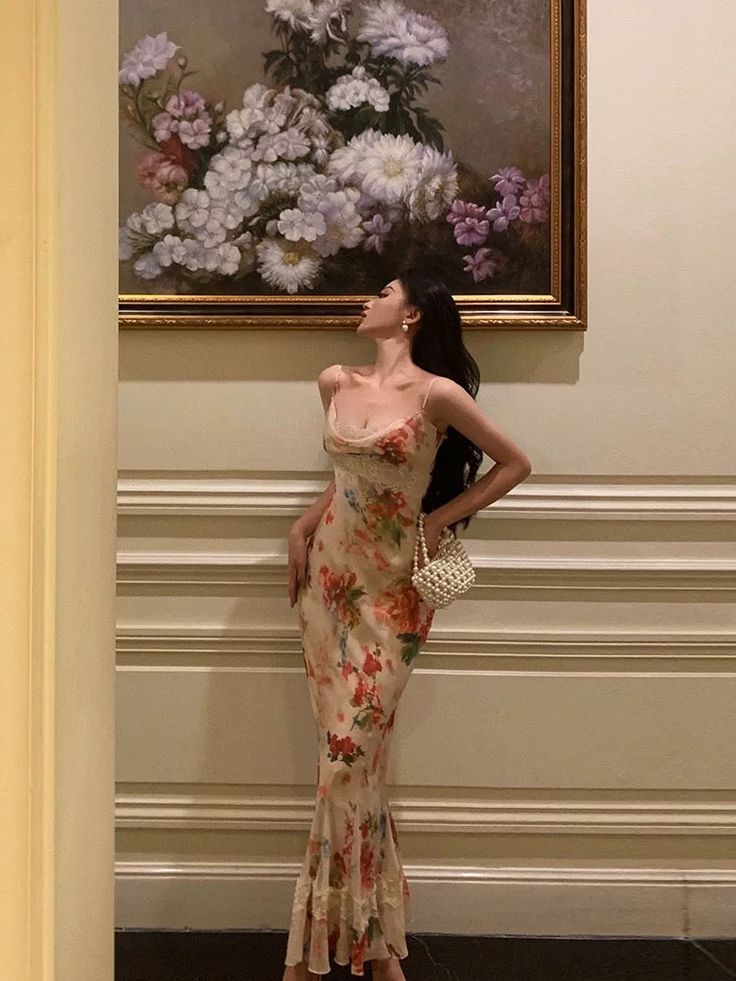 Sexy Sheath Spaghetti Straps Floral Ankle Length Prom Dresses Birthday Dress fg7029