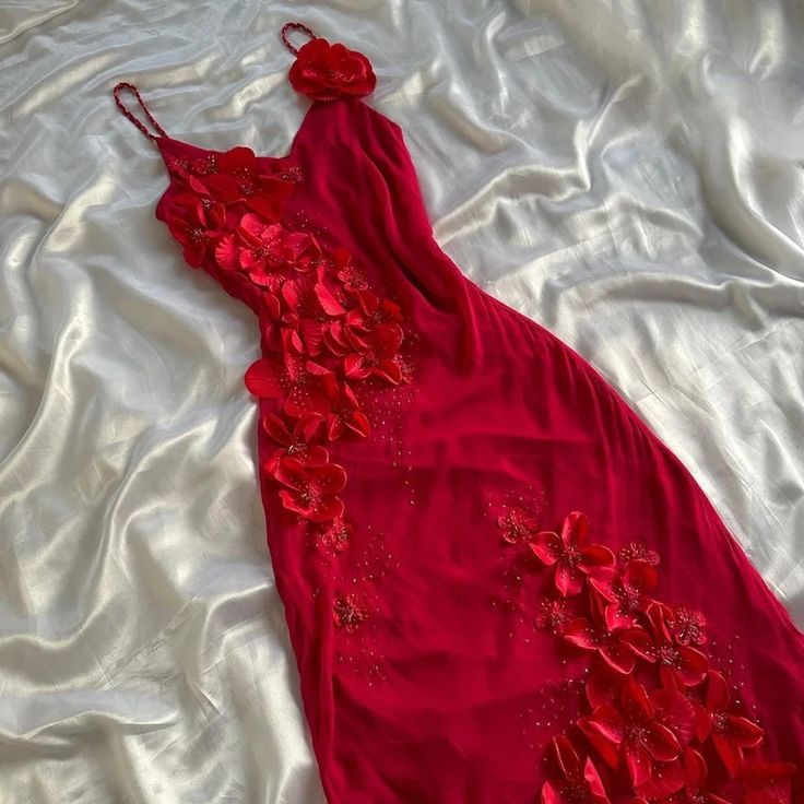 Red V-Neck Prom Dress Long Formal Dress With Flowers fg7048