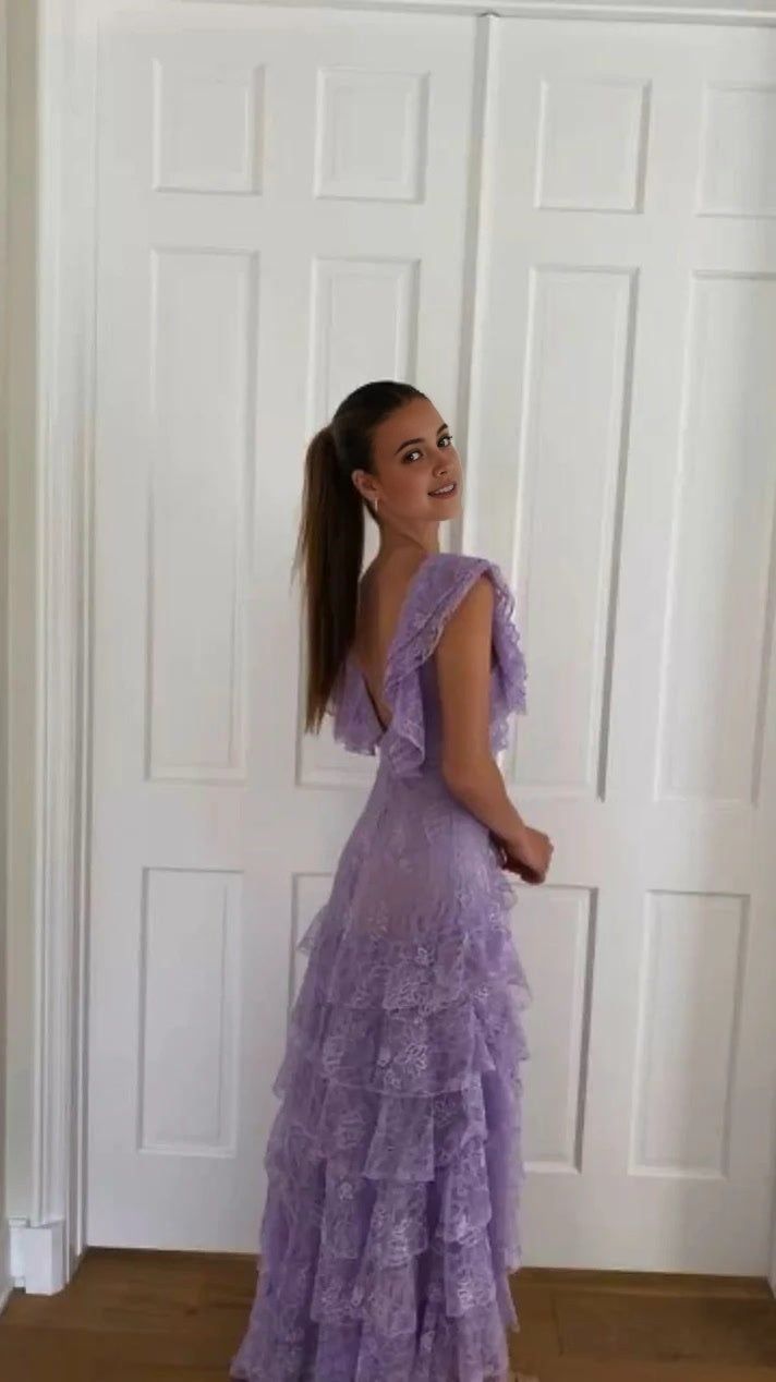 Lilac Lace Long prom dress Evening Gown Party Dress fg3249