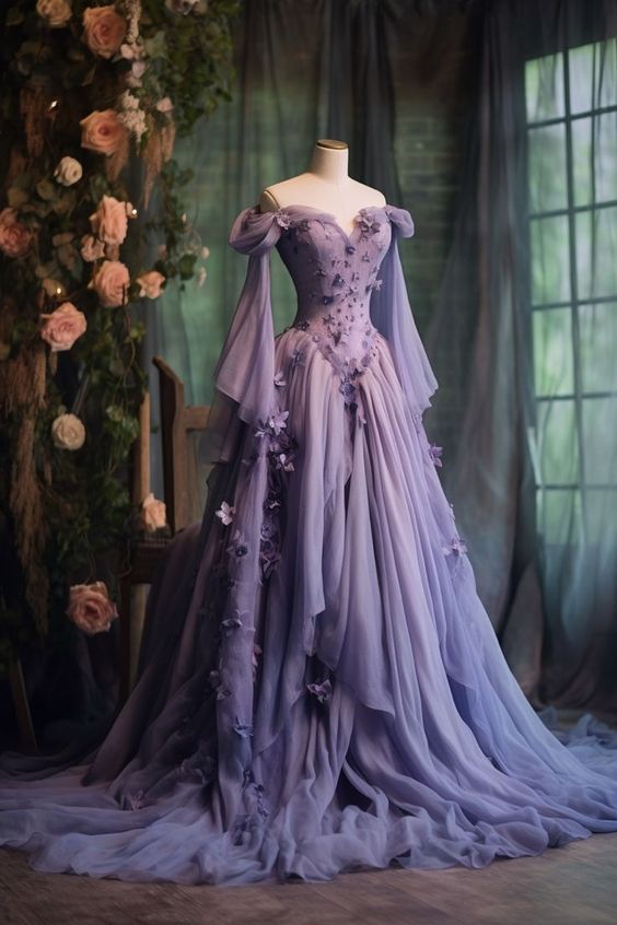 Purple Custom Dress Long Sleeve Floral Applique A-Line Long Evening Dress fg7191