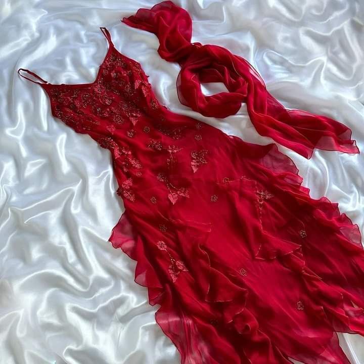 Spaghetti Straps Chiffon Ruffles Beading Red Prom Dress Red Evening Dress fg7111