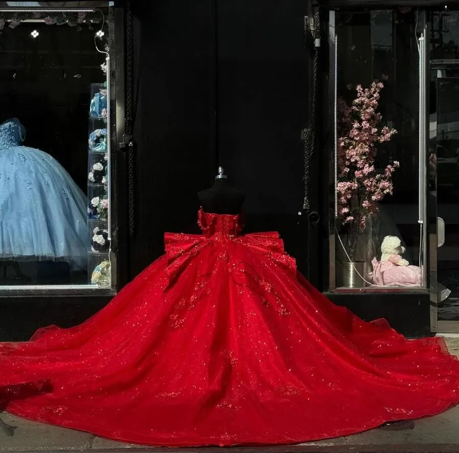 Red Princess Quinceanera Vestidos Gillter Off The Shoulder Corset vestidos de 15 Quinceanera Dress fg6291