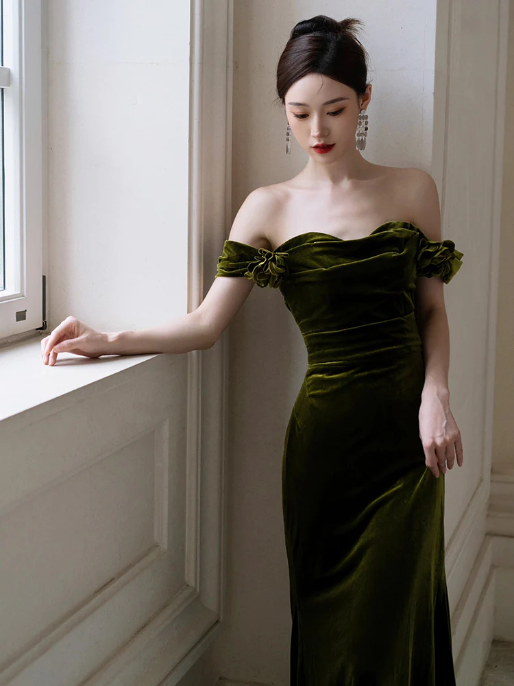 Dark Green Mermaid Velvet Off Shoulder Party Dress, Dark Green Prom Dress fg6199
