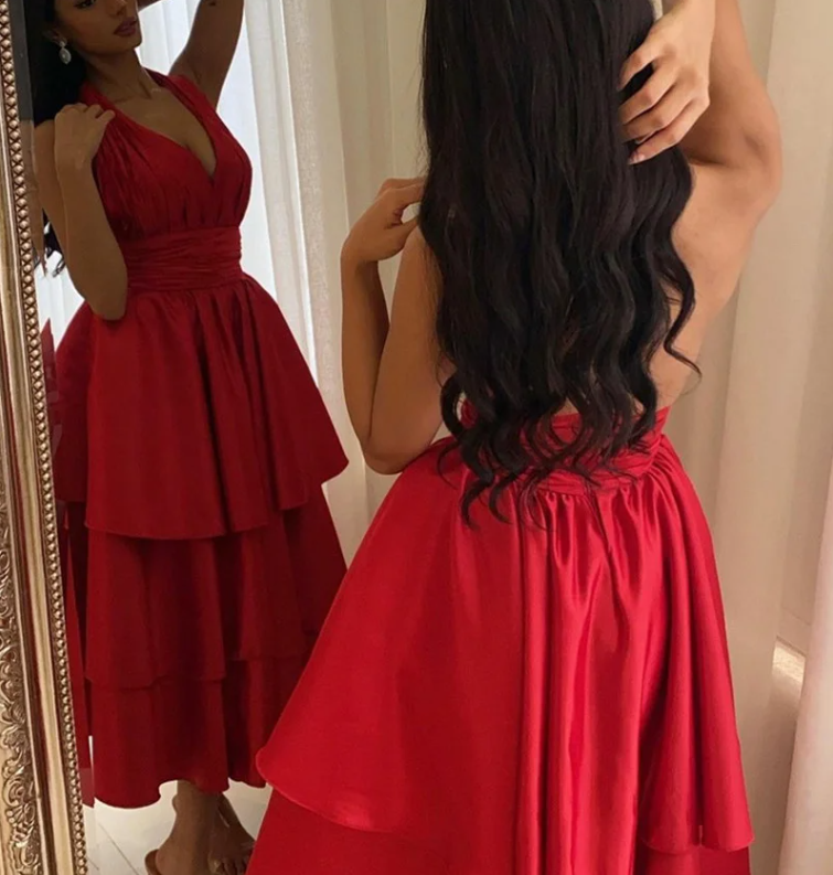 Elegante kurze Satin Neckholder Abendkleider Muslim rückenfreies A-Linie rotes Kleid Abendkleid Plissee Tee Länge Kleider fg6308