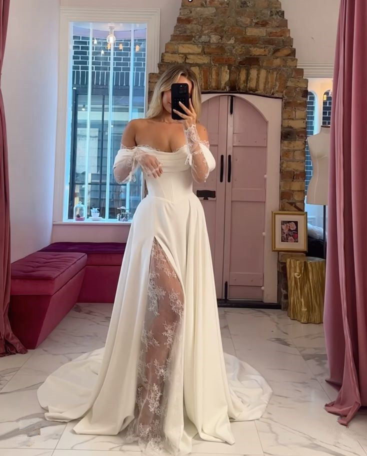 Sexy Slit Off Shoulder Lace Long Sleeves Wedding Dress fg6611