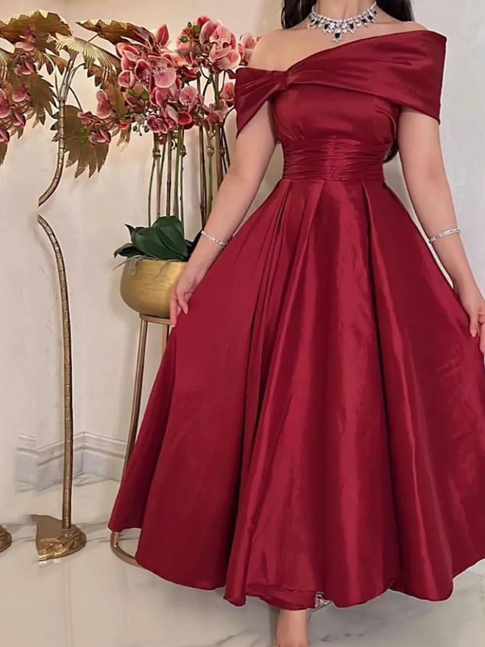 Dark Red Midi Prom Dresses Off Sleeves Ankle Length Arabic Dubai Formal Party Gowns fg6497