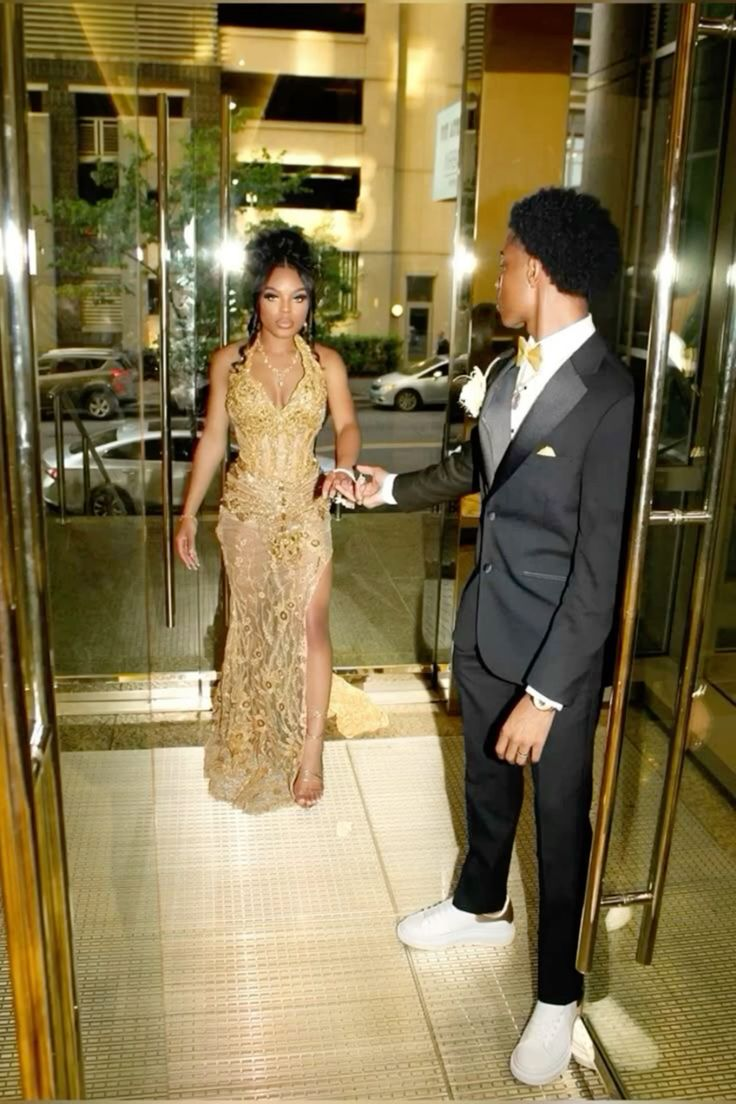 Halter Neck Gold Lace Mermaid Prom Party Dress Black Girl Evening Dress Graduation Dress fg8382