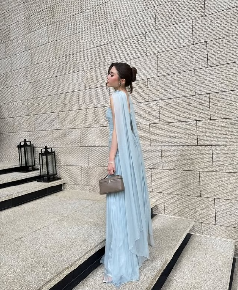 Light Sky Blue Long Prom Dress Evening Party Dresses With Scarf fg7696