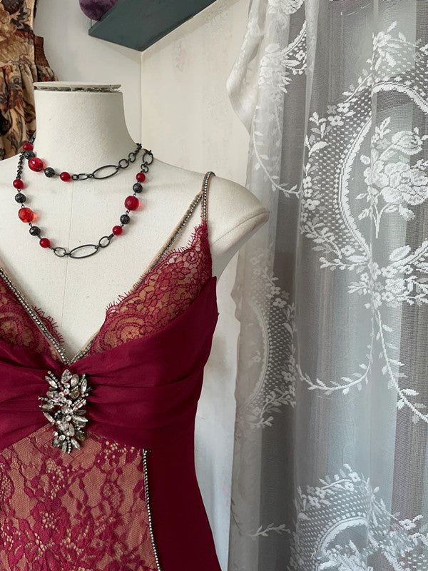 V Neck Lace Burgundy Long Prom Dress Mermaid Evening Party Gown fg6916