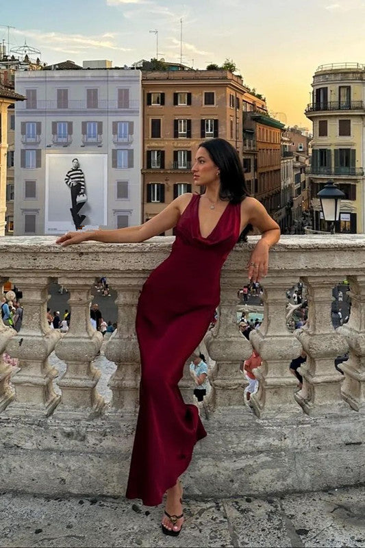 Burgundy Prom Dresses Deep V Neck Evening Dress fg4129
