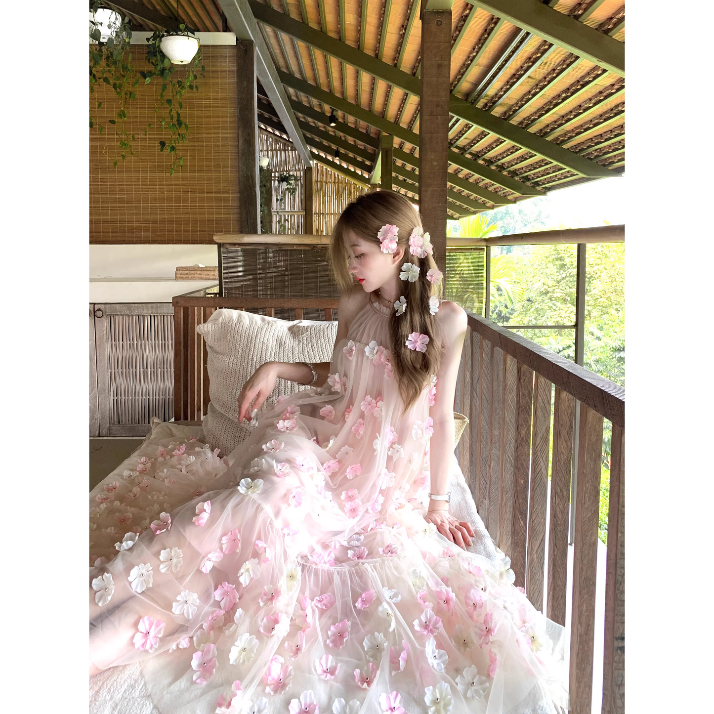 3D floral halter neck princess maxi dress A56