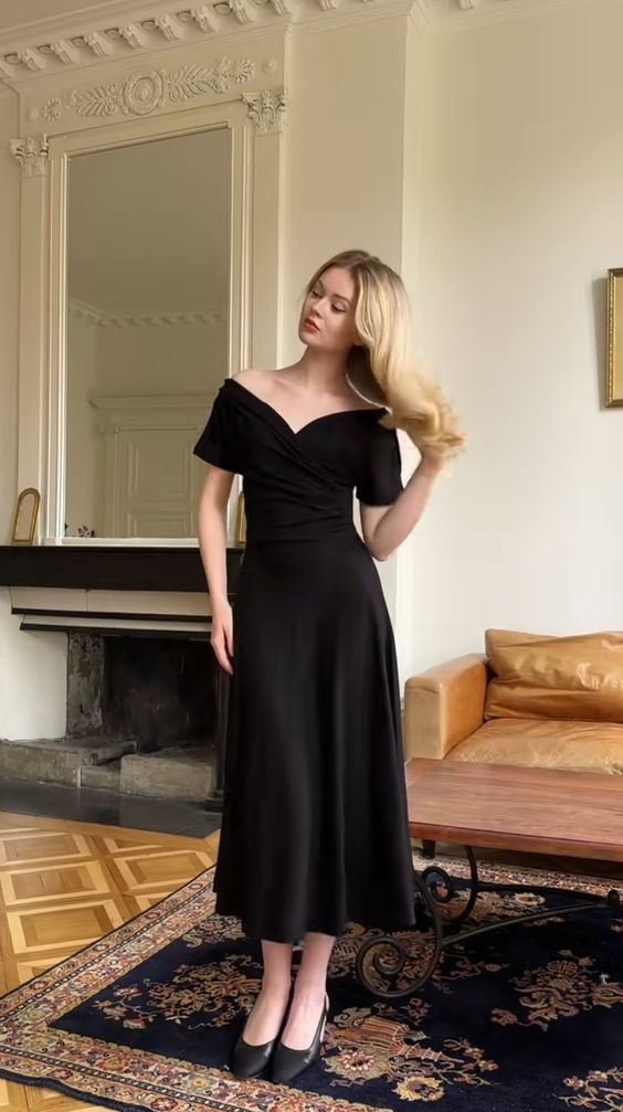 Black Off The Shoulder Prom Dresses, Ankle Length Evening Gown fg6865