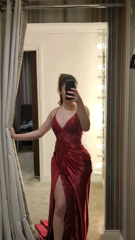 dark red prom dress with slit Evening Dresses fg6925