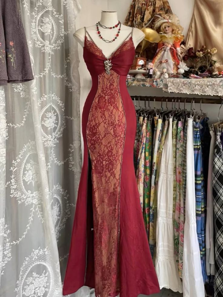 V Neck Lace Burgundy Long Prom Dress Mermaid Evening Party Gown fg6916
