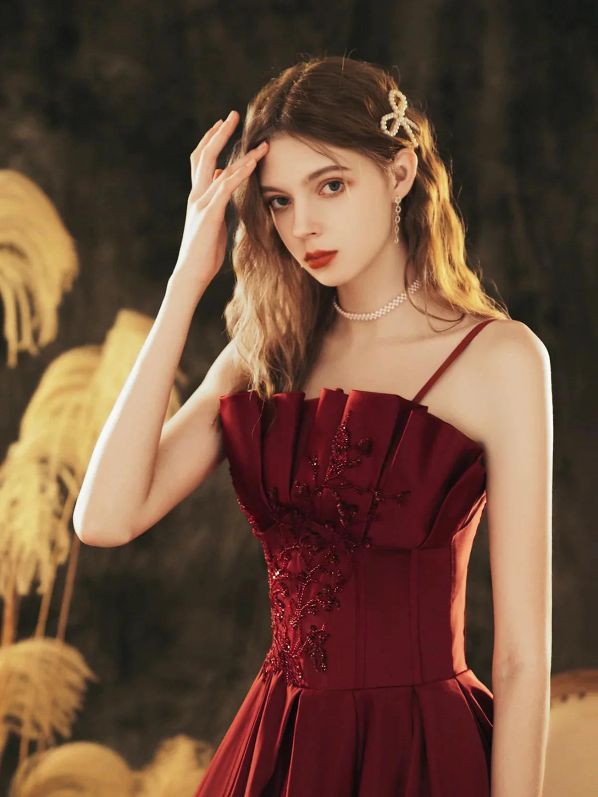 Wine Red Satin Beaded Straps Prom Dress Evening Dress, Wine Red A-line Formal Dress fg8739