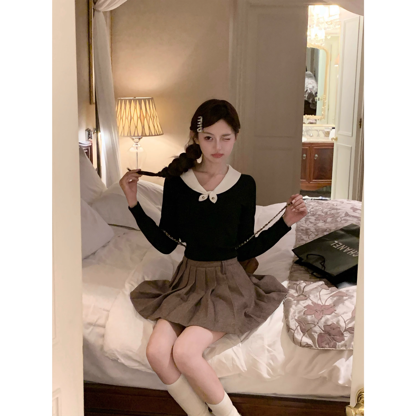 Slim-fit long-sleeved top, sweet knit sweater for petite women A85