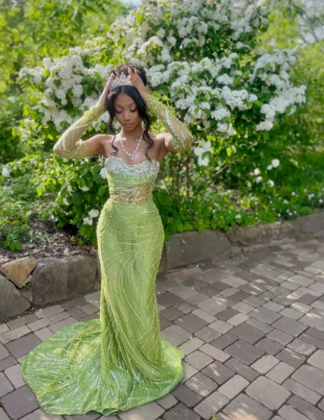 Sweetheart Neck Sheath Long Prom Dresses Tulle Sequins Green Evening Dresses fg8428