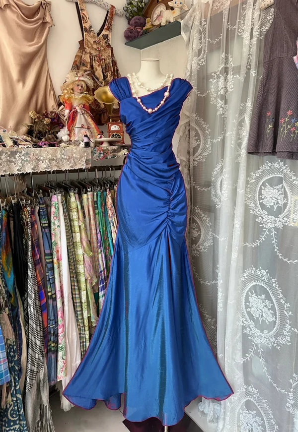 Mermaid Pleats Vintage Prom Dress Long Evening Dress fg8039