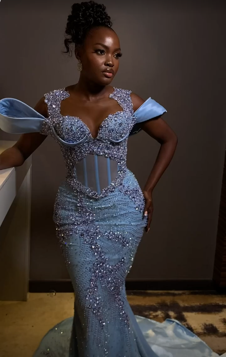 Sparkly Rhinestones Blue Mermaid Long Prom Dress Evening Dress fg7114