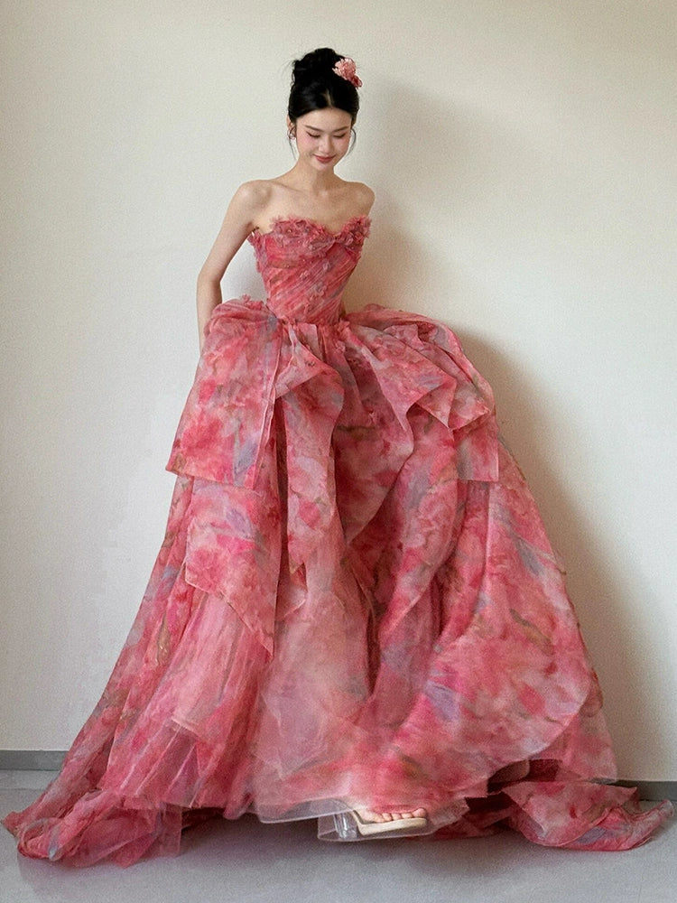 A Line Strapless Floral Print Long Prom Dress Sexy Evening Dresses fg7660