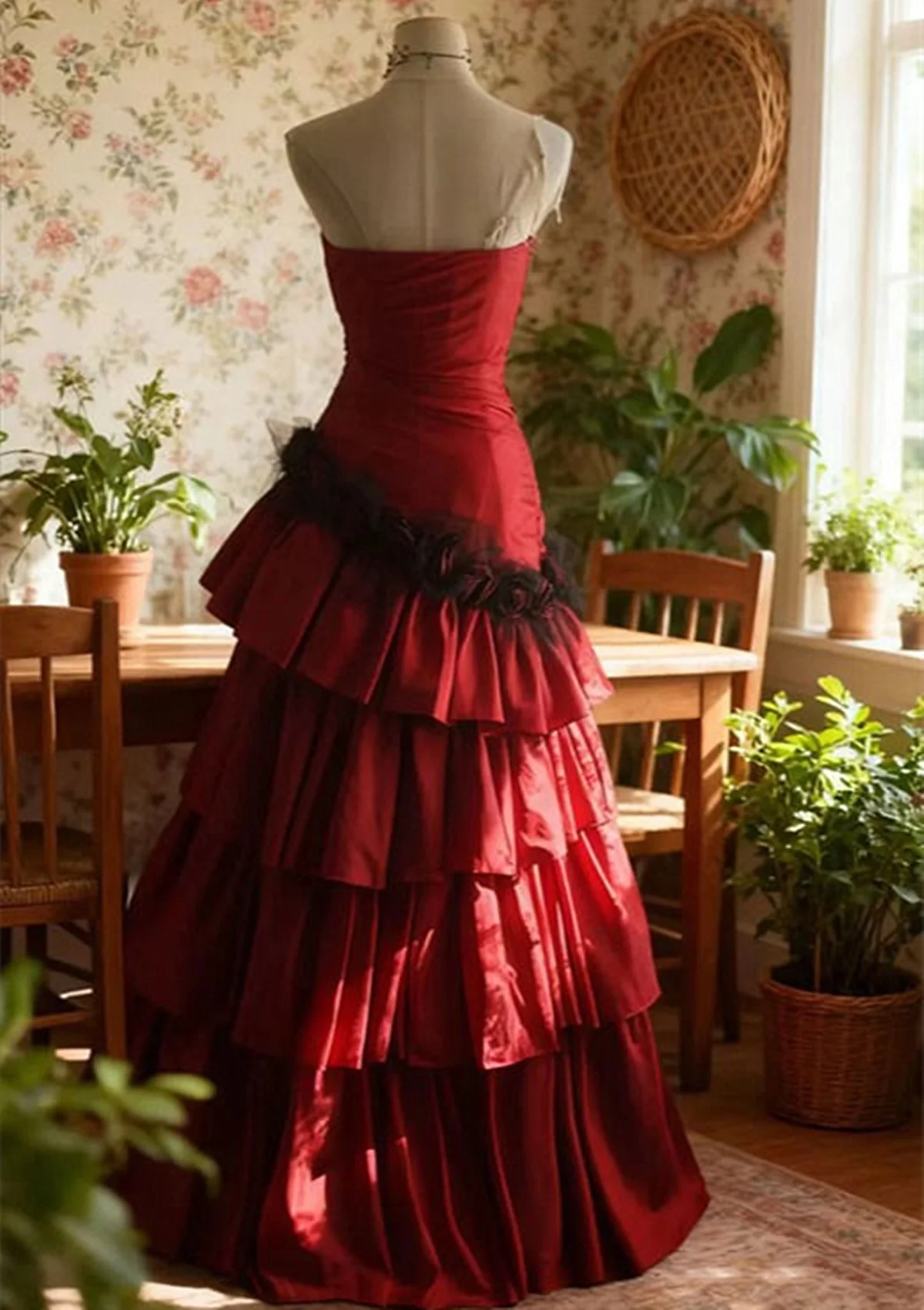 Elegant Red Gothic Tiered Ball Gown, Strapless Sweetheart Ruffle Prom Dress fg8728