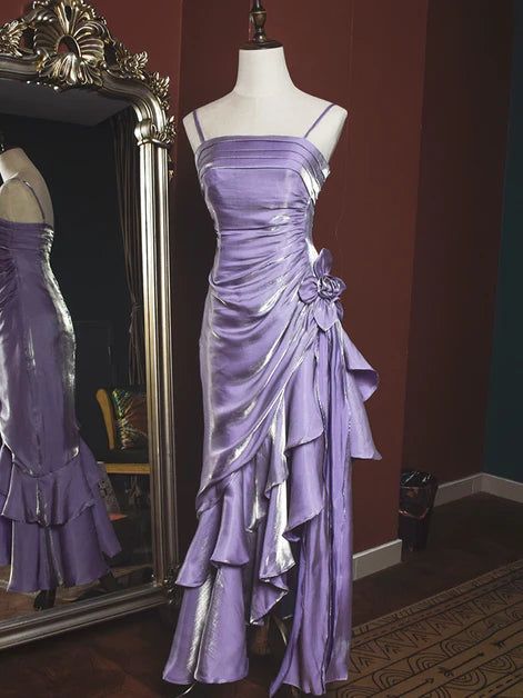 Charming Mermaid High Low Satin Straps Party Dress Vintage Style Prom Dress fg5848