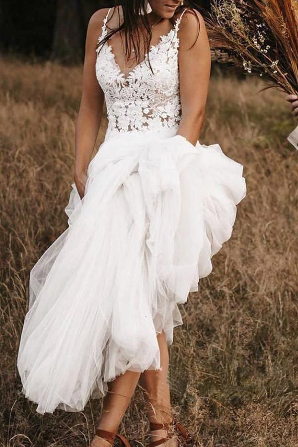 V Neck Tulle Backless Bridal Dress A Line Wedding Dresses With Lace Applique fg5529