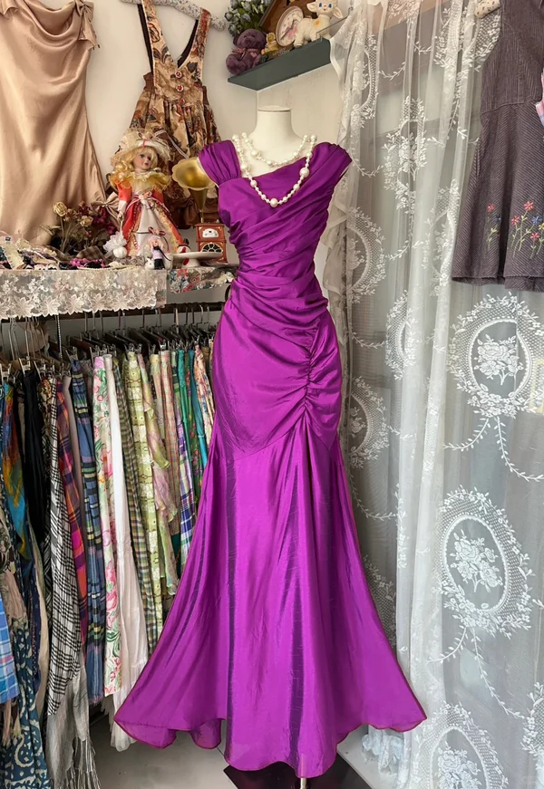 Mermaid Pleats Vintage Prom Dress Long Evening Dress fg8039