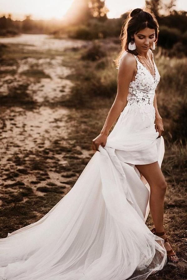 V Neck Tulle Backless Bridal Dress A Line Wedding Dresses With Lace Applique fg5529