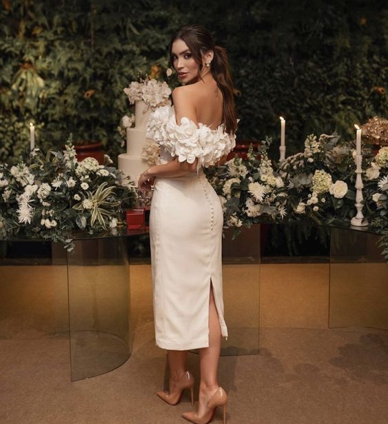 Flower Wedding Dresses Short Sheath Off Shoulder Split Tea Length Bridal Gown fg5668