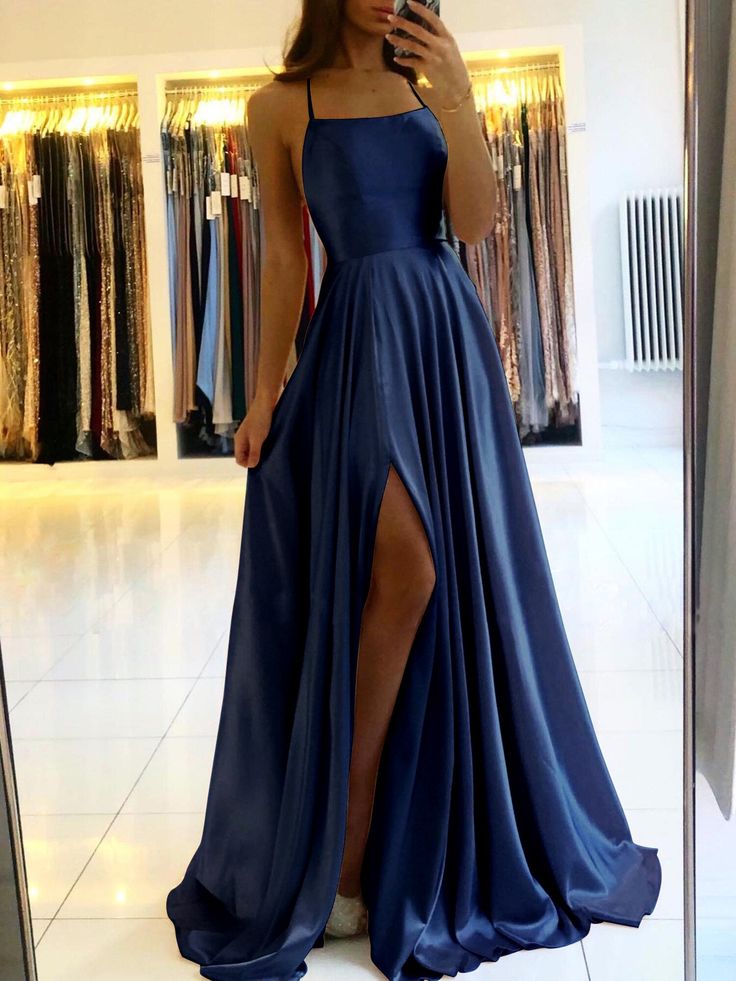 Women Prom Dress Spaghetti Strap Satin Slit Side Dress A-line Prom Dress fg5428