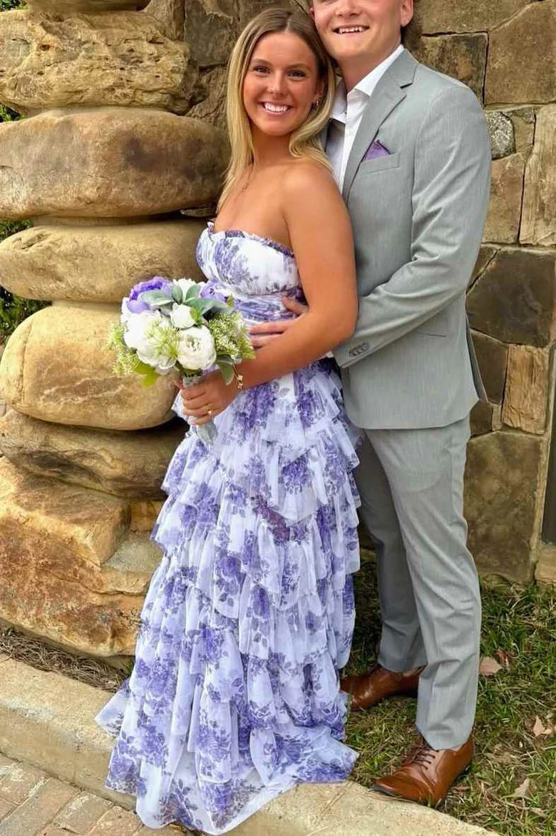 A-Line Strapless Empire-Waist Layered Print Sleeveless Prom Dress fg8302