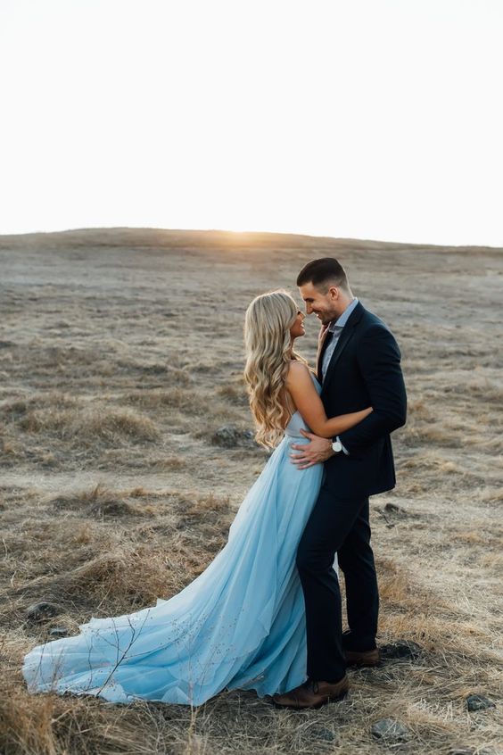 Sky Blue Chiffon Split Beach Wedding Dress With Court Train Prom Dresses fg5489