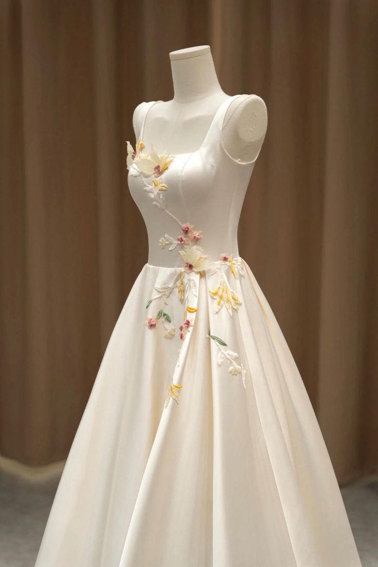 Elegant Satin Floor Length Formal Dress with 3D Flowers, Light Champagne A-Line Evening Party Dress fg7524