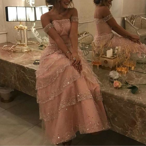 Pink Shinny Off-The-Shoulder Tulle Tiered Prom Dress Party Dress fg5412