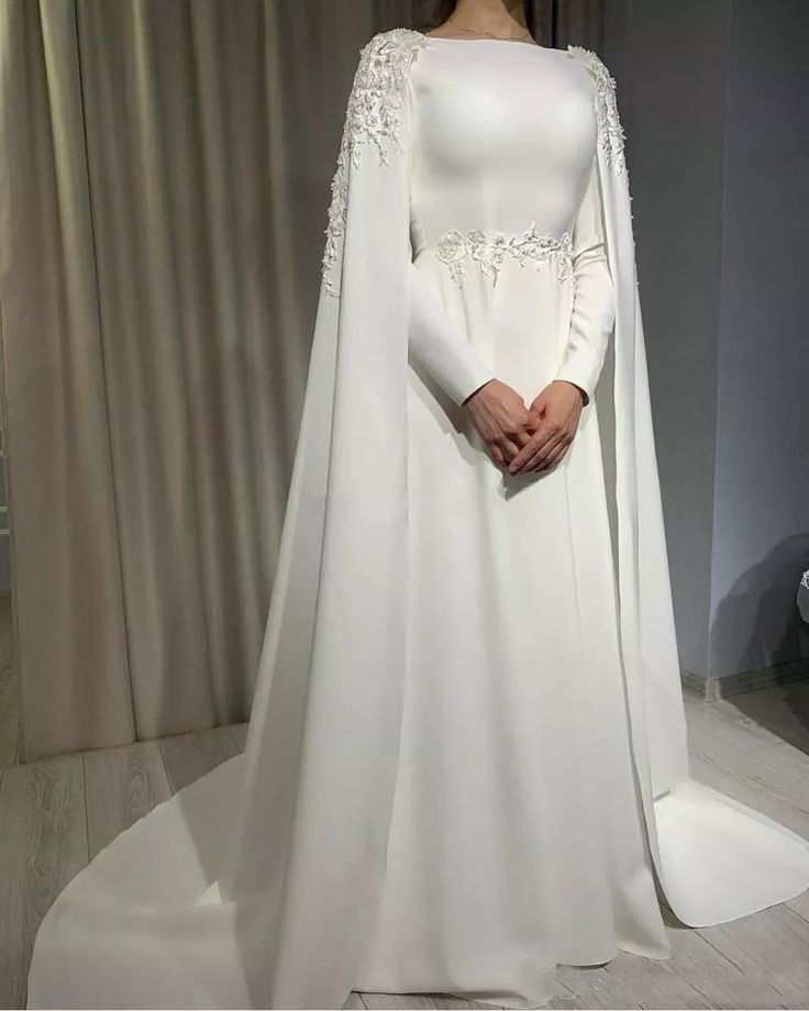 Muslim Wedding Dress with Cape Long Sleeves Beading Plus Size Satin Bridal Gowns fg6020