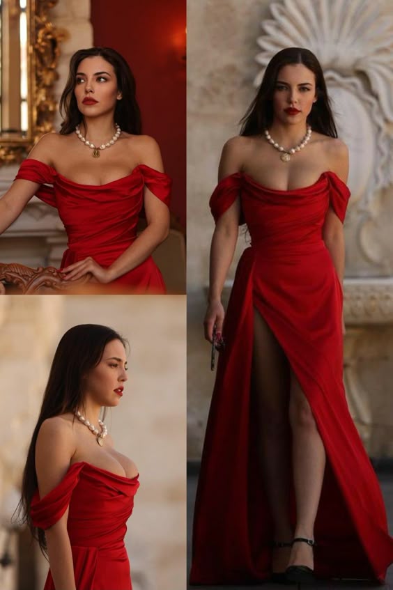Elegant Off Shoulder Side Slit Mermaid Satin Red Long Prom Dresses fg6480