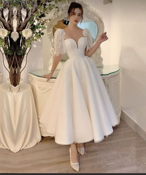 A-line Tea Length Lace Wedding Dresses With Short Sleeves fg6418