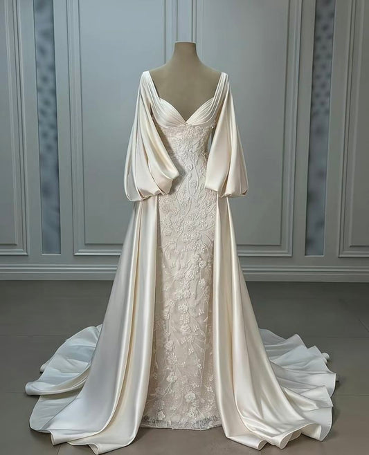 Luxury Wedding Dresses, Ivory Satin Lace A-line Bridal Gowns   fg7651