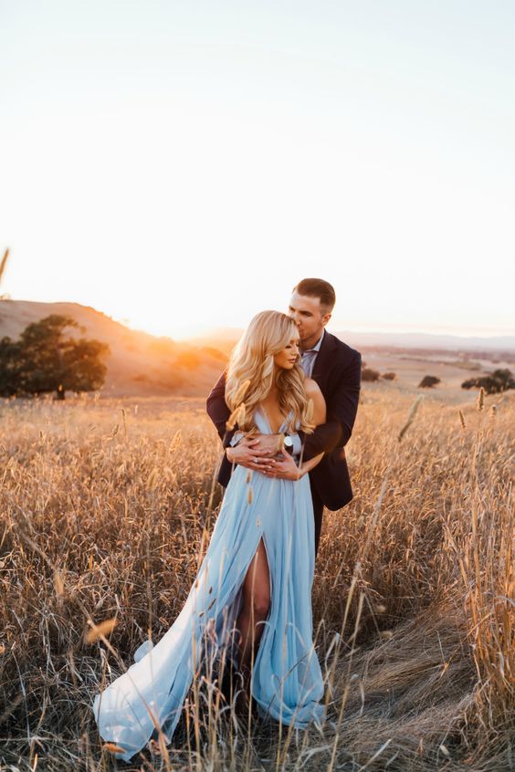 Sky Blue Chiffon Split Beach Wedding Dress With Court Train Prom Dresses fg5489