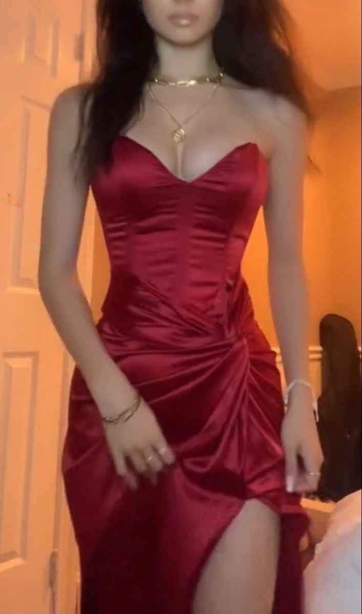 Burgundy Strapless Long Prom Dress Evening Dress With Slit fg7419