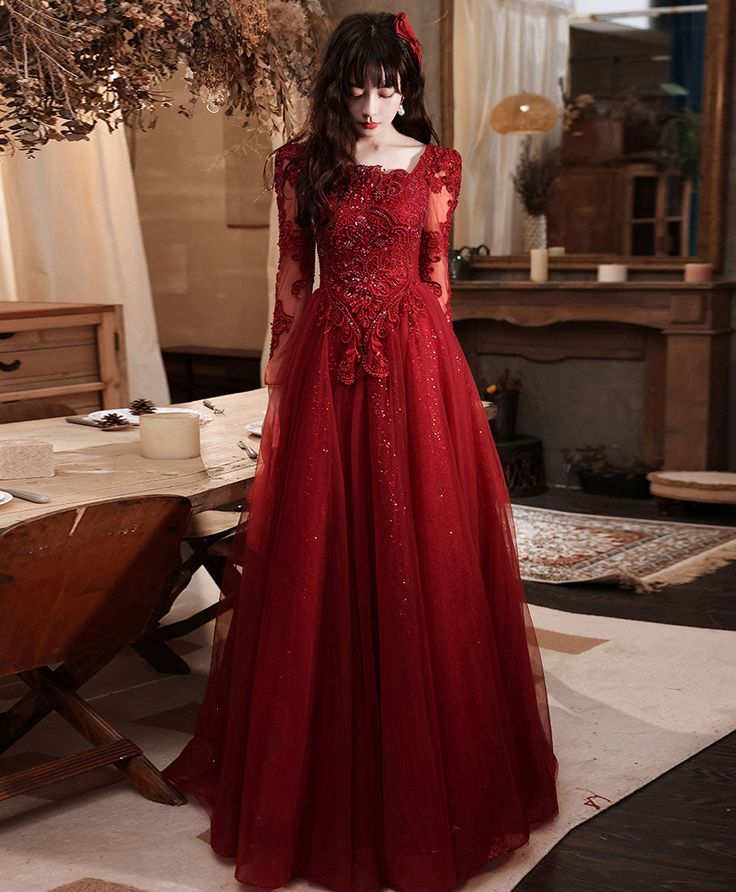 Burgundy Aline Lace Long Prom Dress, Burgundy Tulle Formal Graduation Dress fg5618