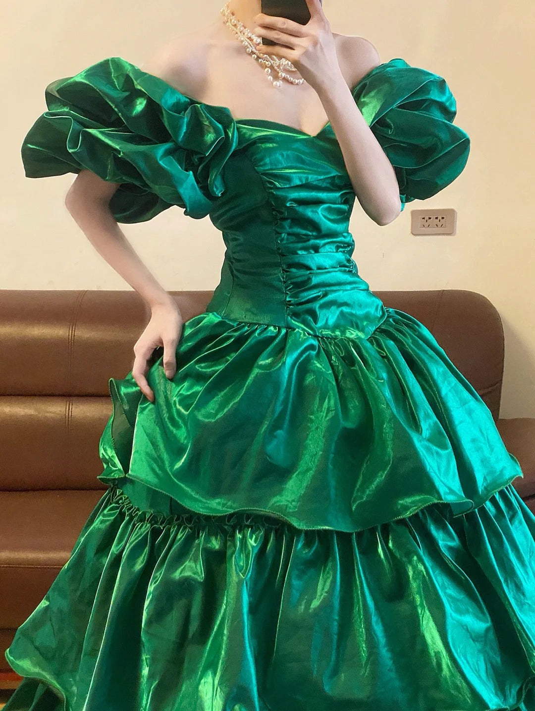 Emerald Green Off Shoulder Long Prom Dresses Vintage Formal Evening Dress fg7590