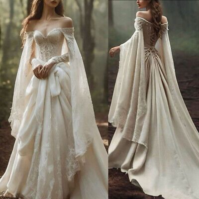 Vintage Off The Shoulder Wedding Dress with Cape Lace Up Lace Applique Bridal Dress fg7469